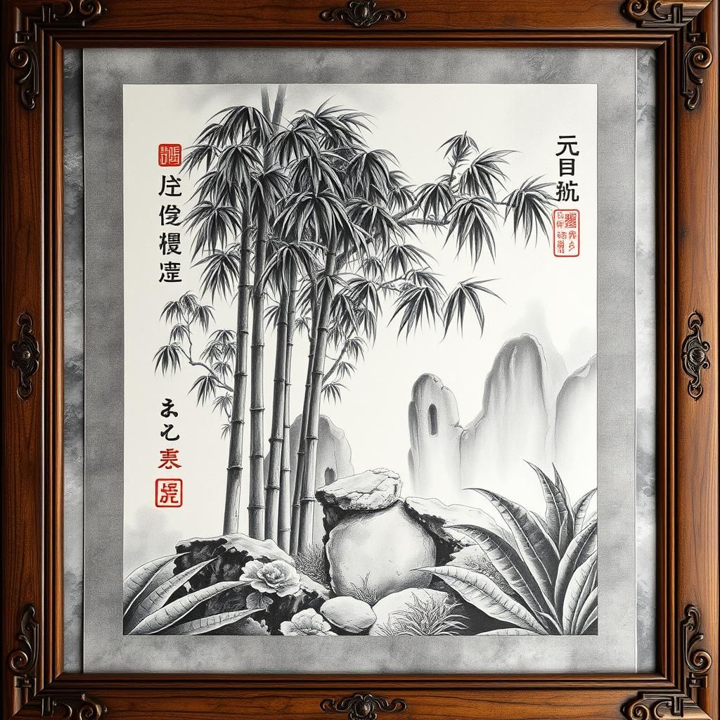 Chinese Scroll Charcoal Drawing of Bamboo Grove