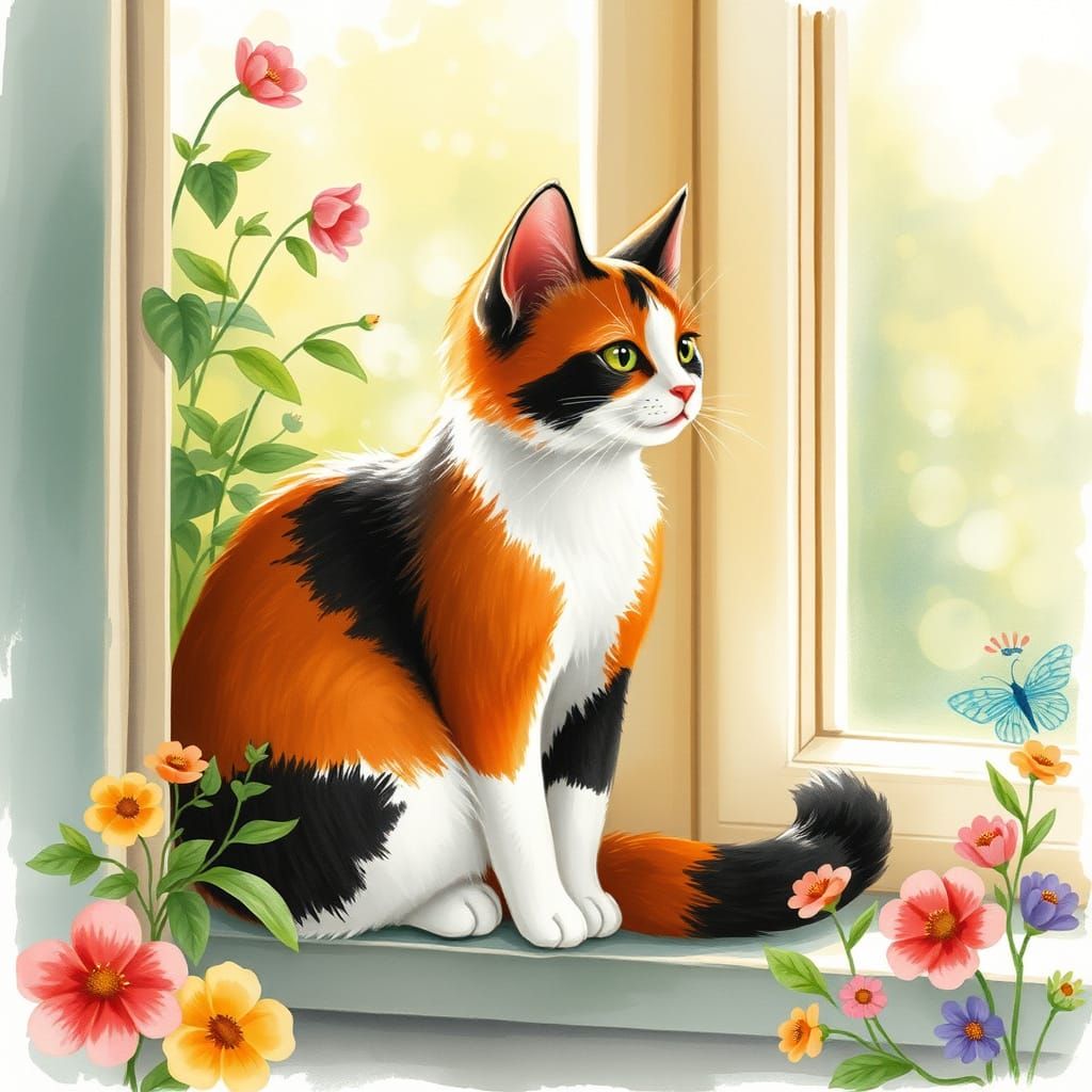 Whimsical Calico Cat in a Sunlit Windowsill Scene