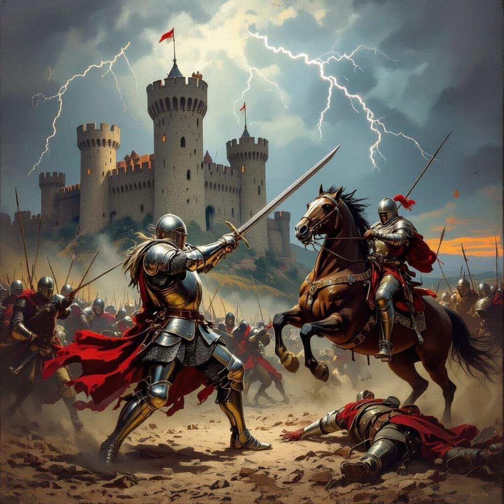 Realistic Knight Battle Scene Before a Castle