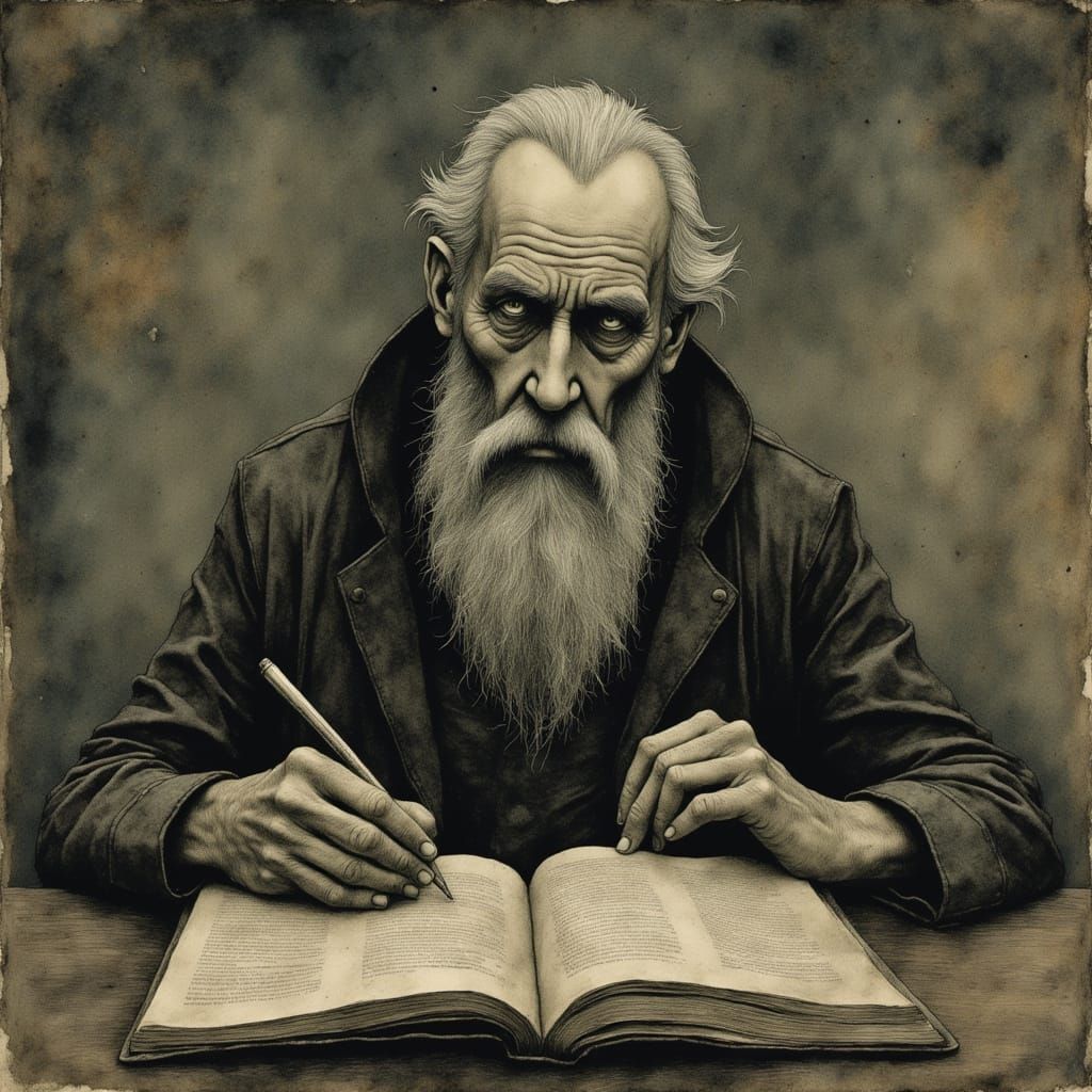 Old Bearded Man Writing a Book