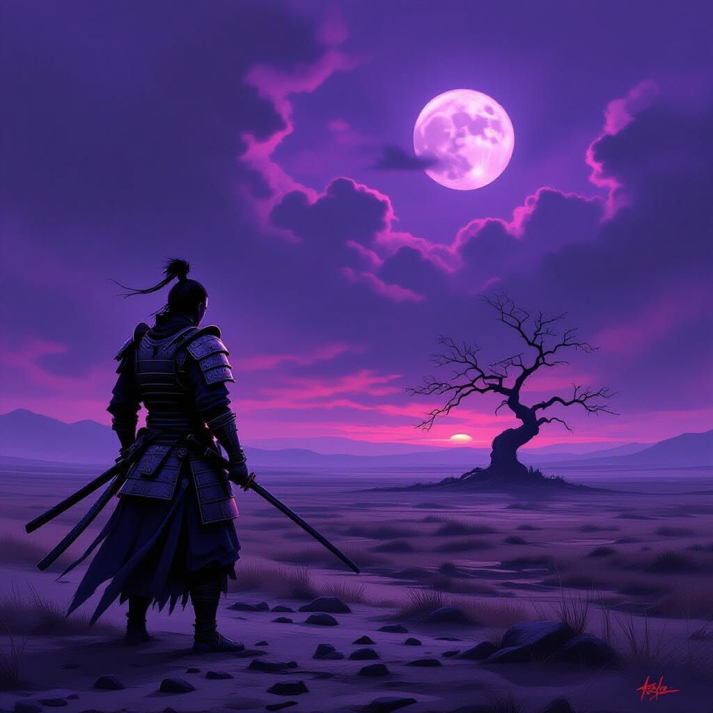 Samurai Warrior on Windswept Plain Under Purple Sky