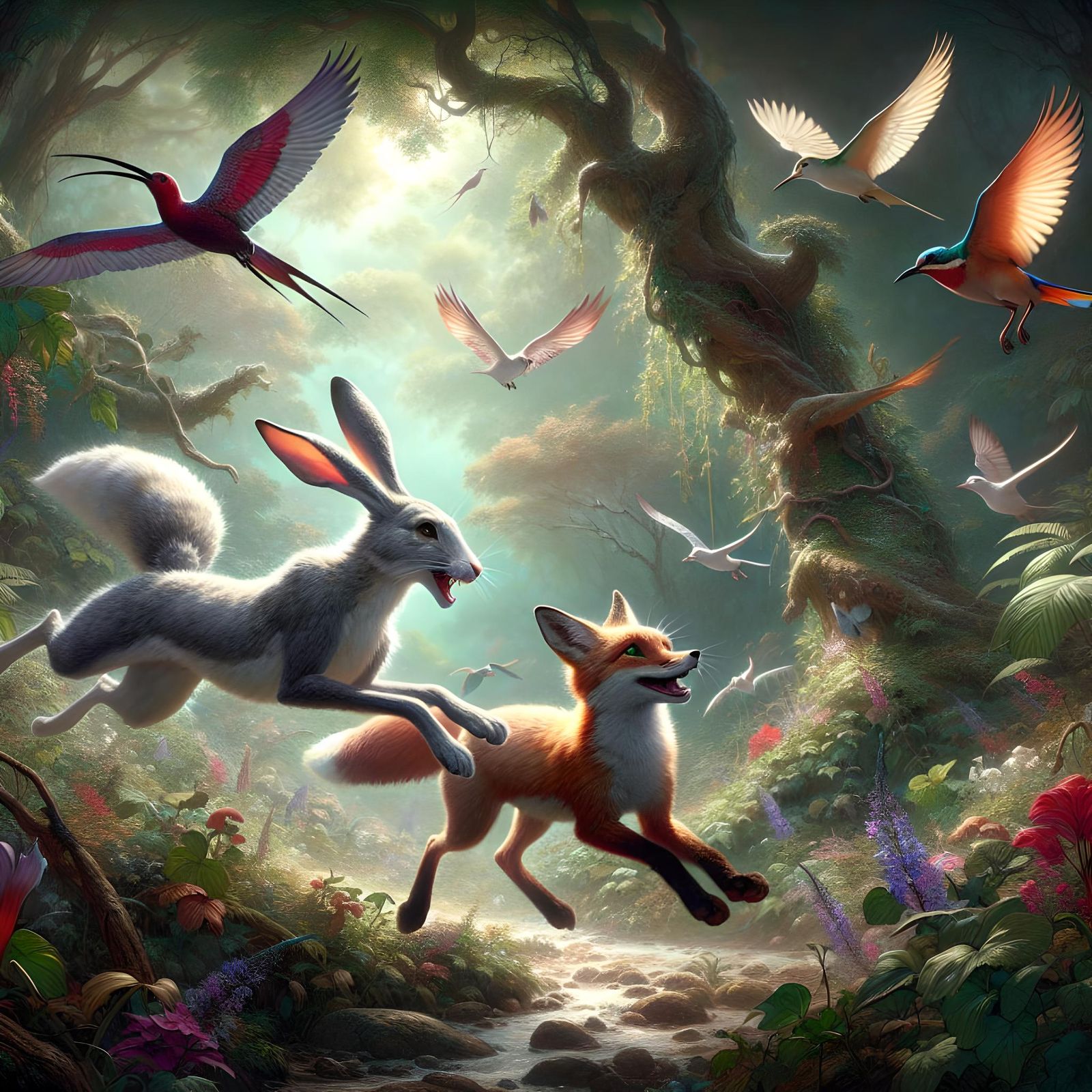Enchanted Forest Chase: Rabbit and Fox in Romantic Style