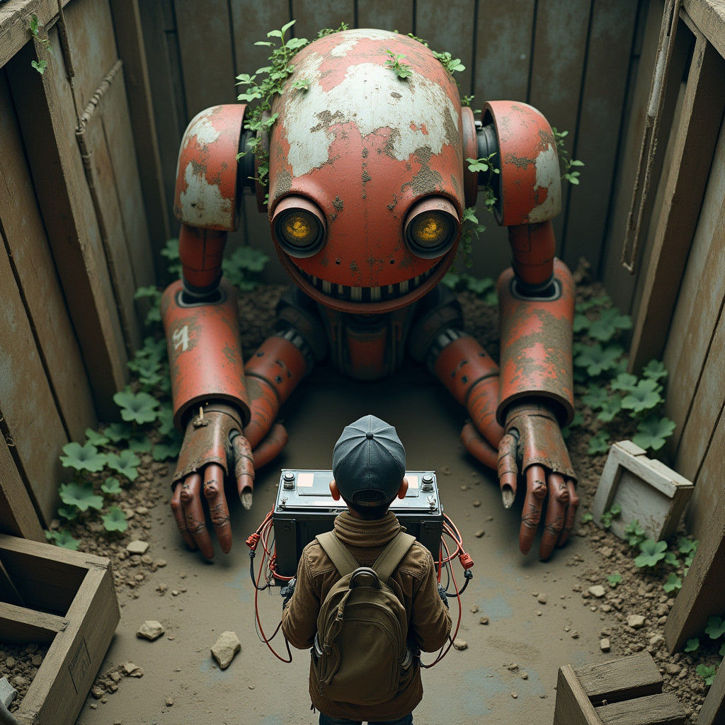 Boy and Weathered Robot in Overgrown Ruins