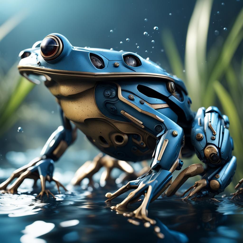 Photorealistic Mecha Frog in Aquatic World