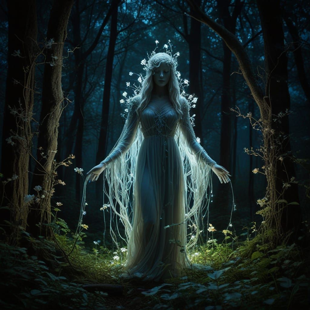 Ethereal Figure Enveloped by Luminous Blooms in a Biolumines...