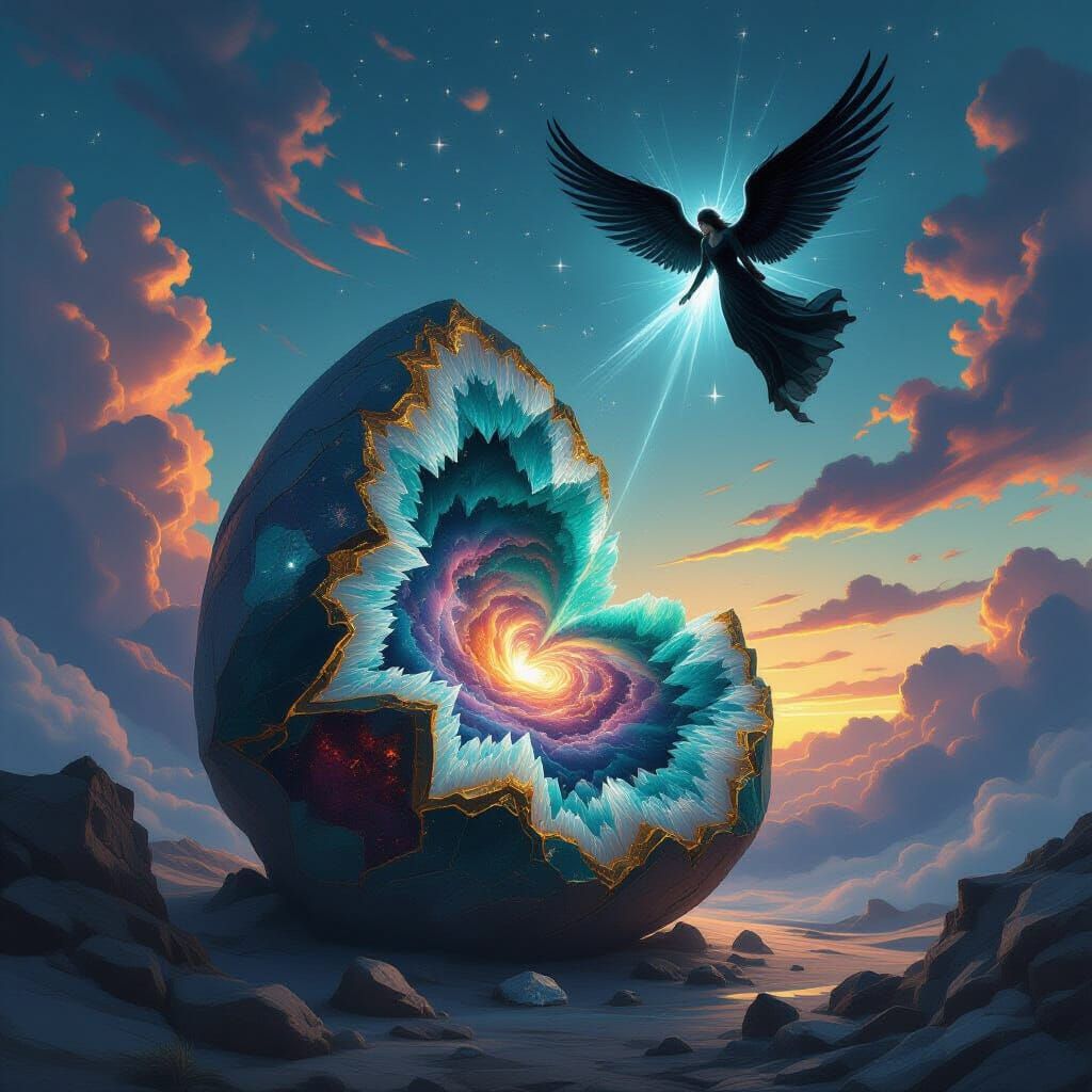 Crystalline Geode Nebula with Angel in Hyperrealistic Style