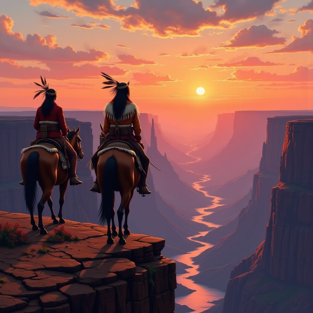 Native American Riders in Sunset Canyon