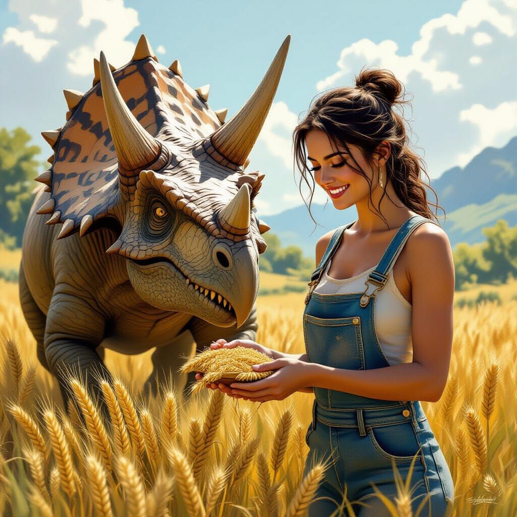 Woman Feeds Triceratops in Prehistoric Landscape