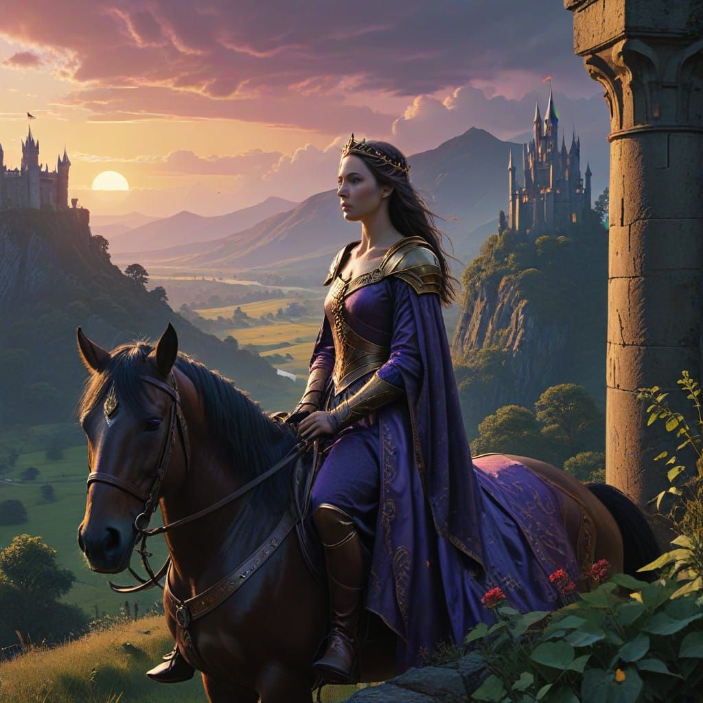 Regal Guinevere Surveys Camelot from the Parapets