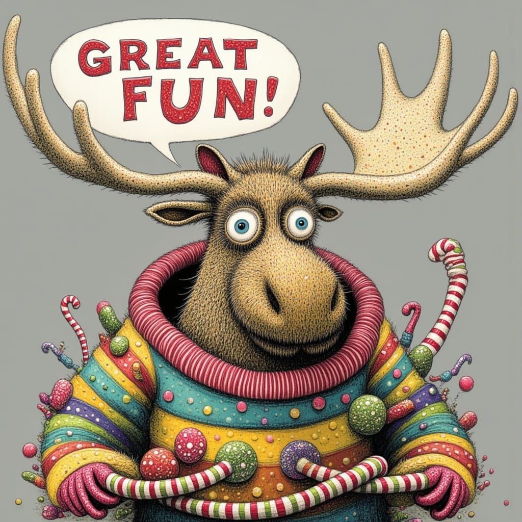 Moose in Ugly Christmas Sweater with "GREAT FUN!"