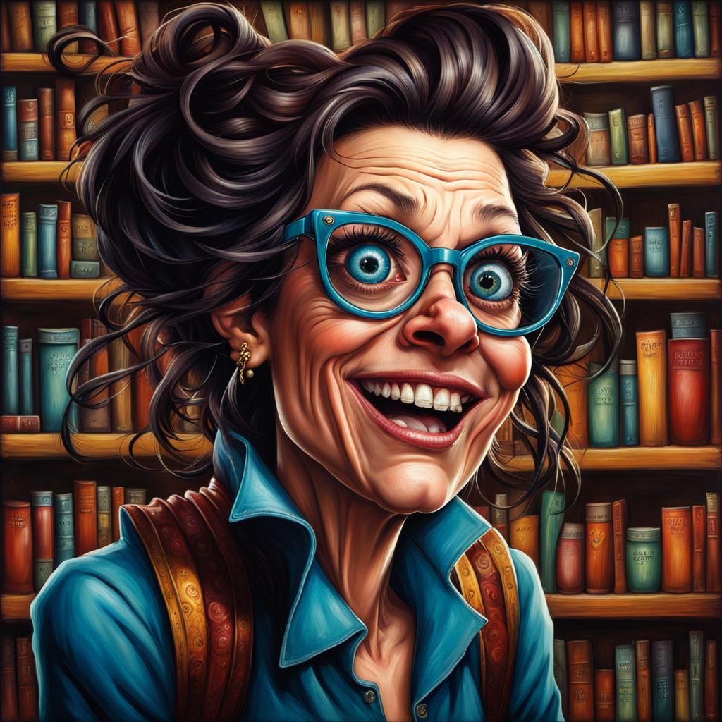 Eccentric Caricature of Laughing Brunette with Bulging Eyes