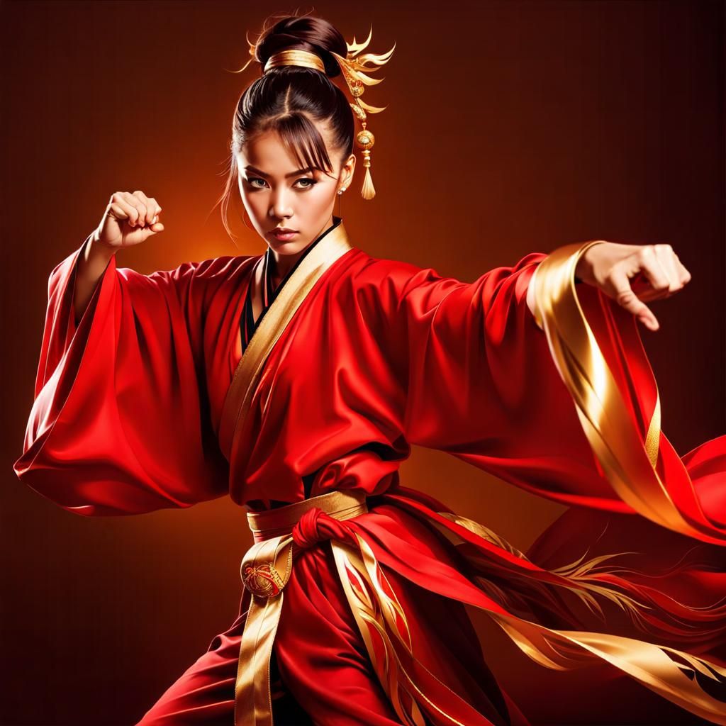 Fiery Martial Artist in Flowing Red Robe