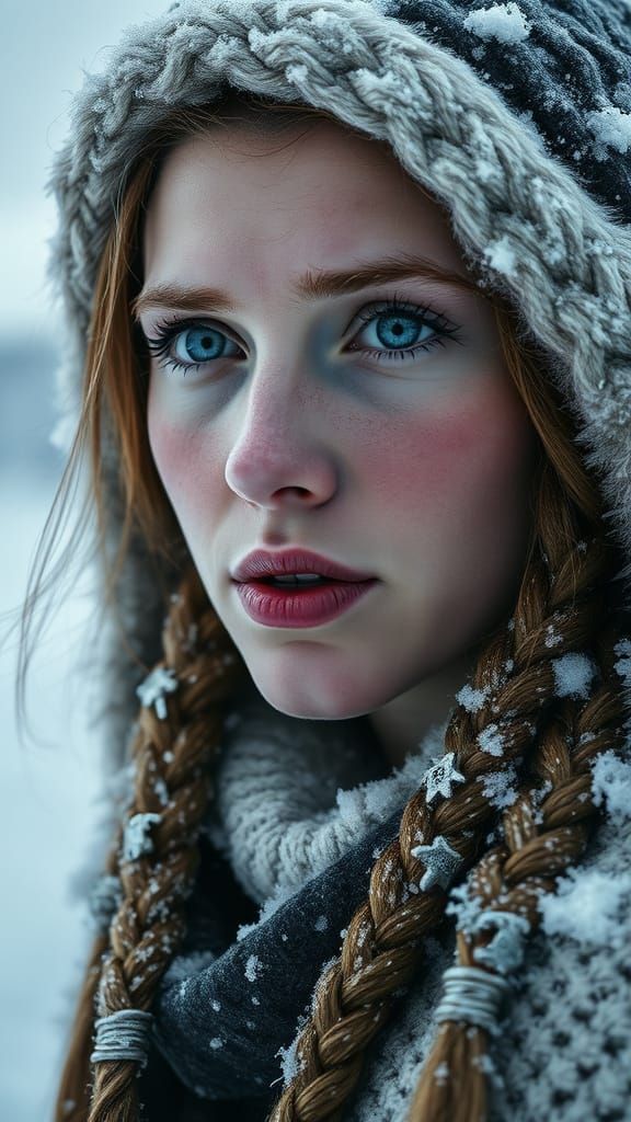 Woman Stands Resolute in Arctic Storm, Finnish Lapland