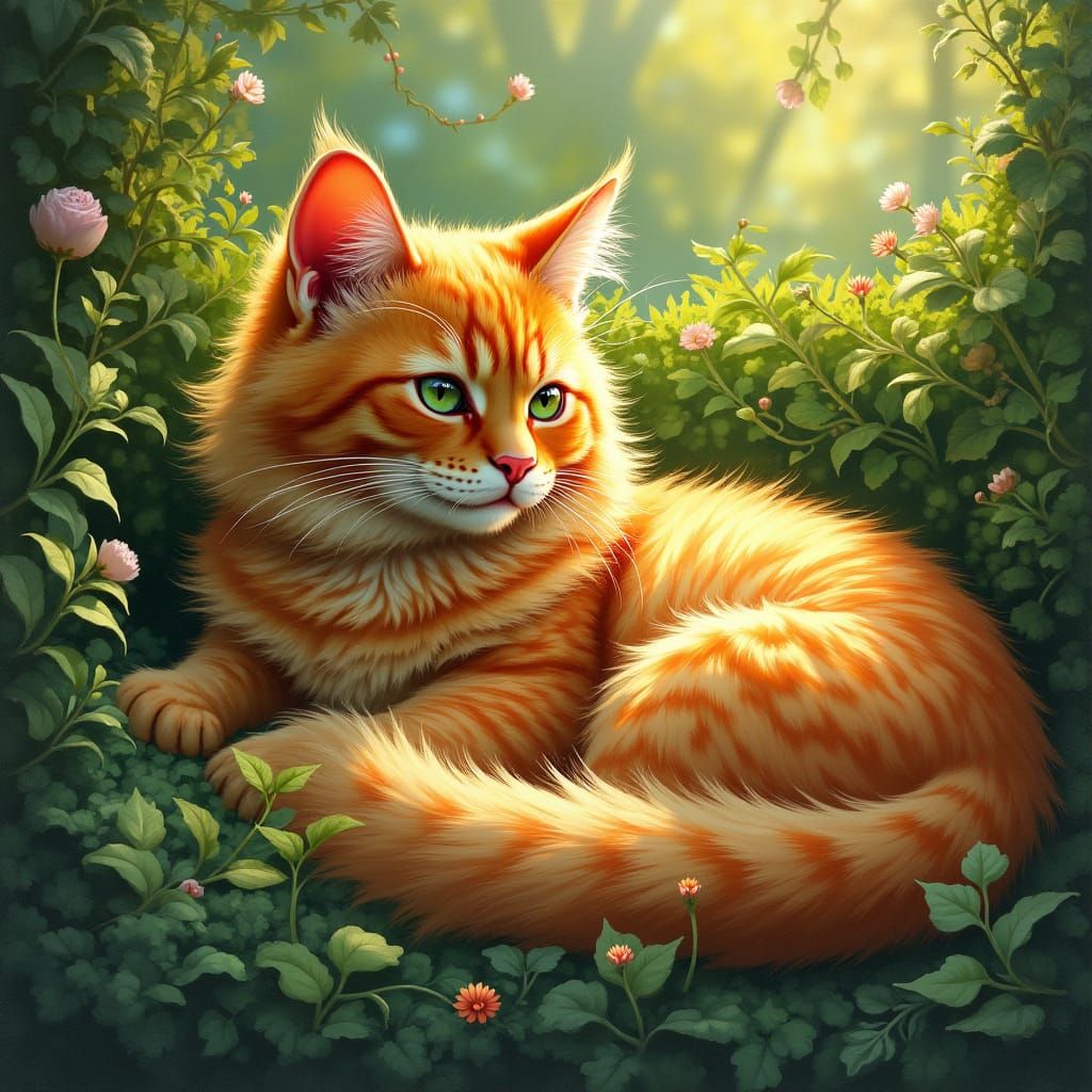 Ginger Cat Basking in Golden Light, Amidst Emerald Greenery