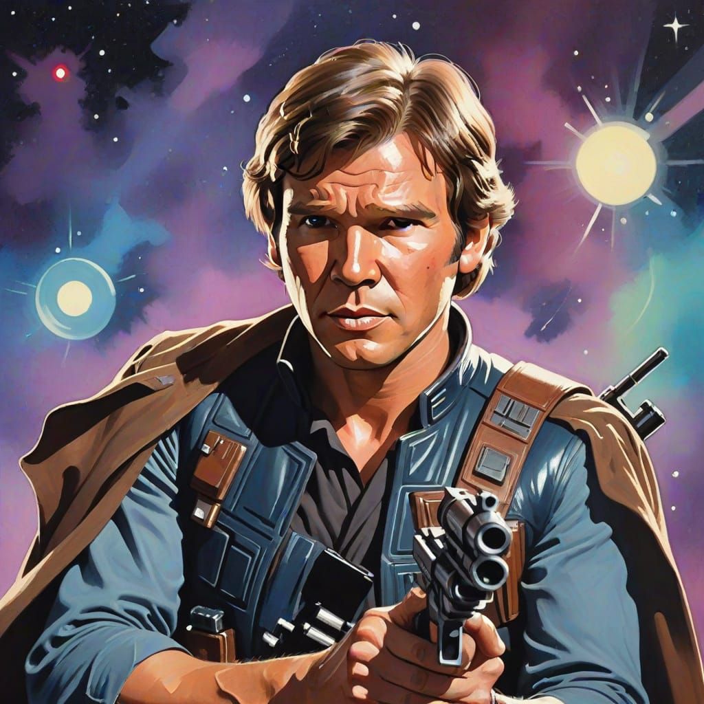 Han Solo Gouache Painting with Blaster
