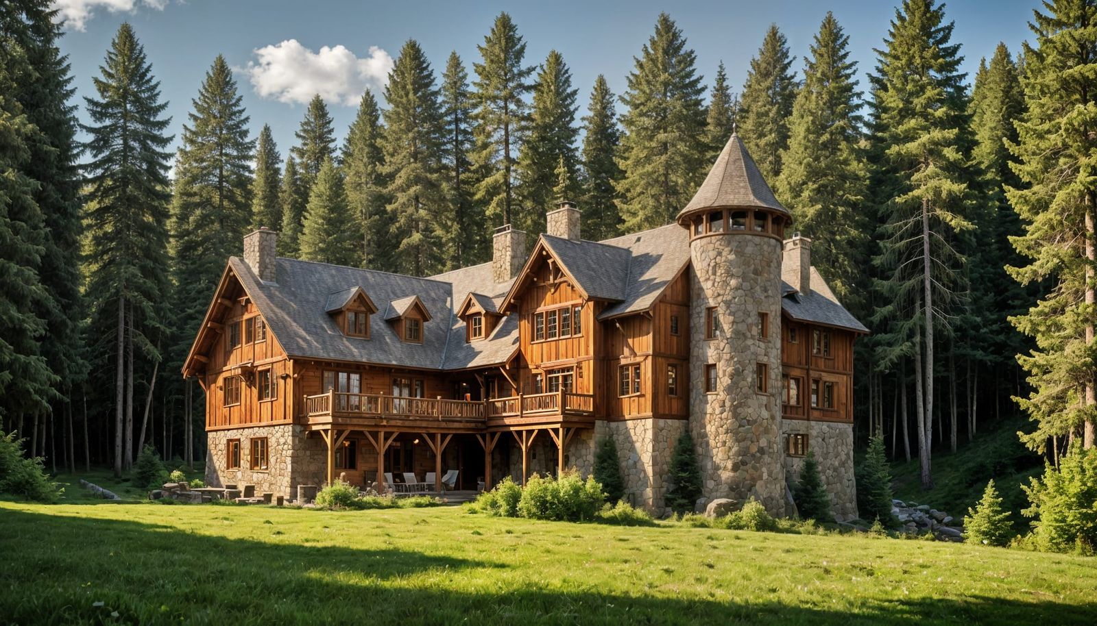 Rustic Lodge with Round Towers in Pine Woods
