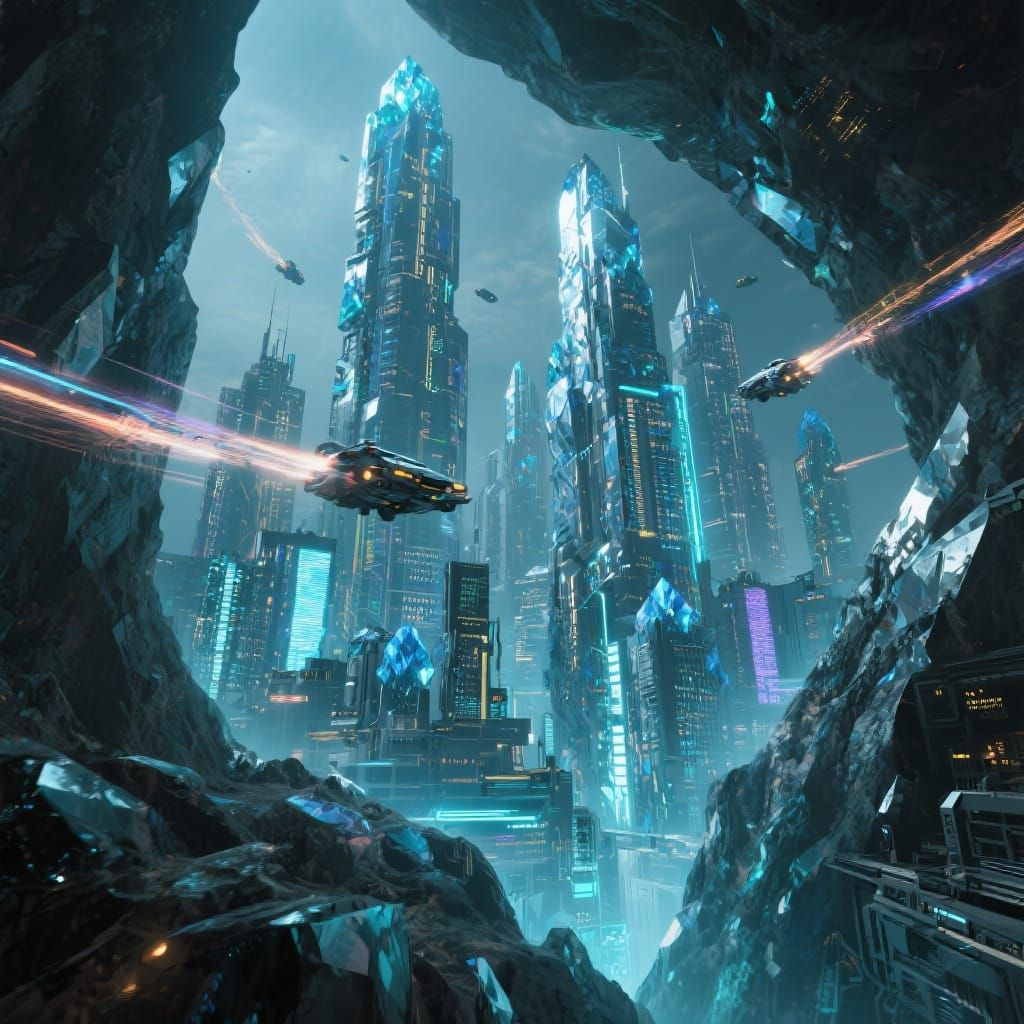 Futuristic Crystal Cityscape in Geode, Cyberpunk Style