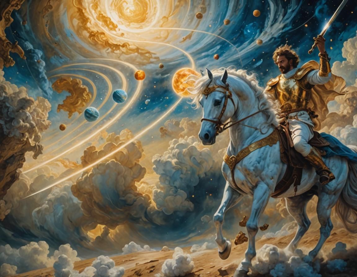 Blue Man on Horse Near Solar System: Baroque Oil Painting