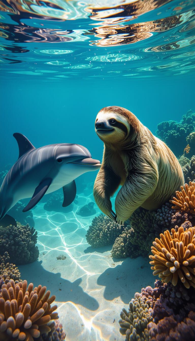 Sloth and Dolphin Underwater Scene With Cinematic Lighting