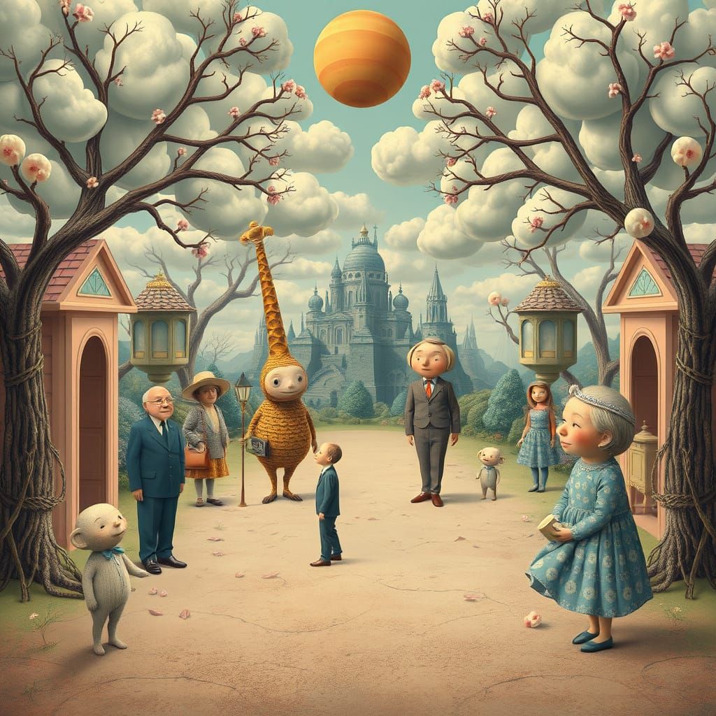 Dreamlike Characters in Symmetrical Surrealist Scene