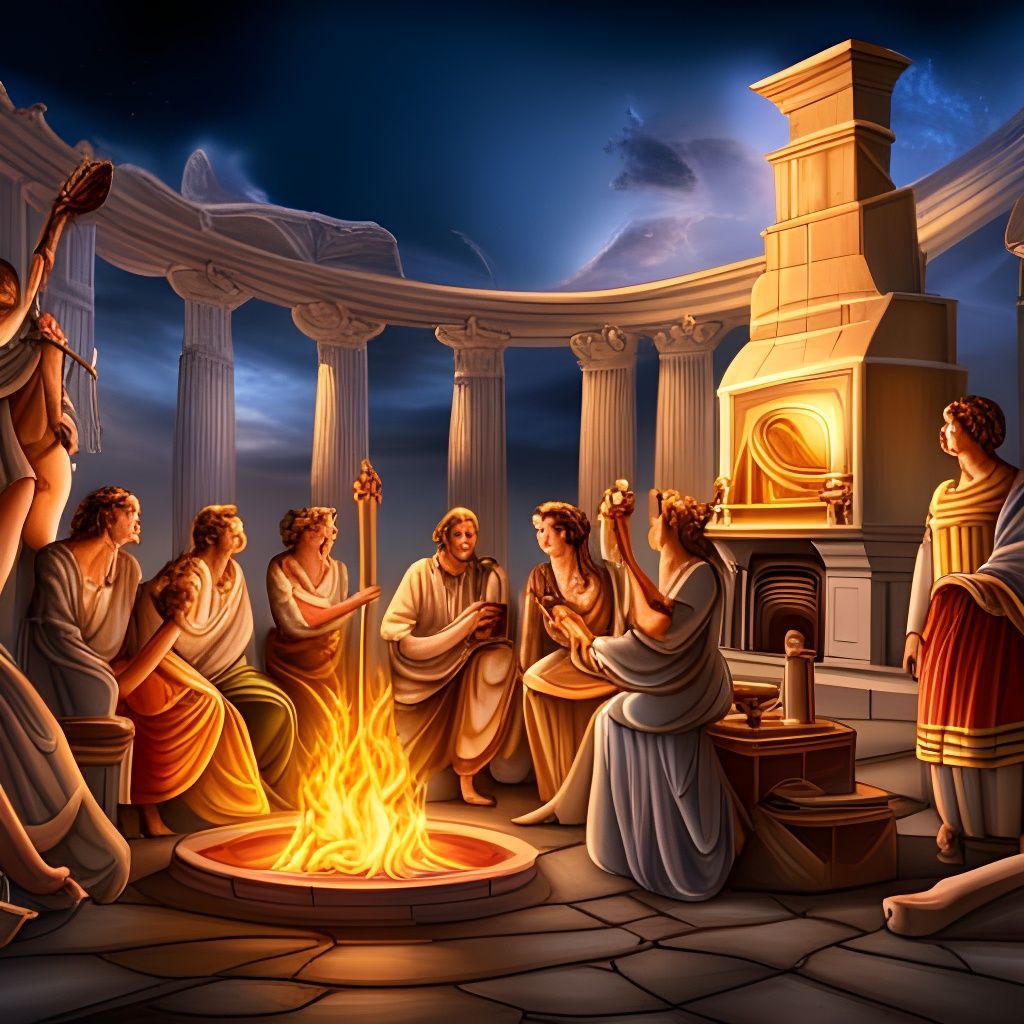 Magical Gathering Around Ancient Greek Fireplace
