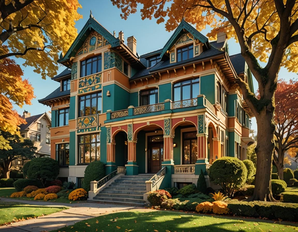 Grand Art Deco House in Autumn Sunlight