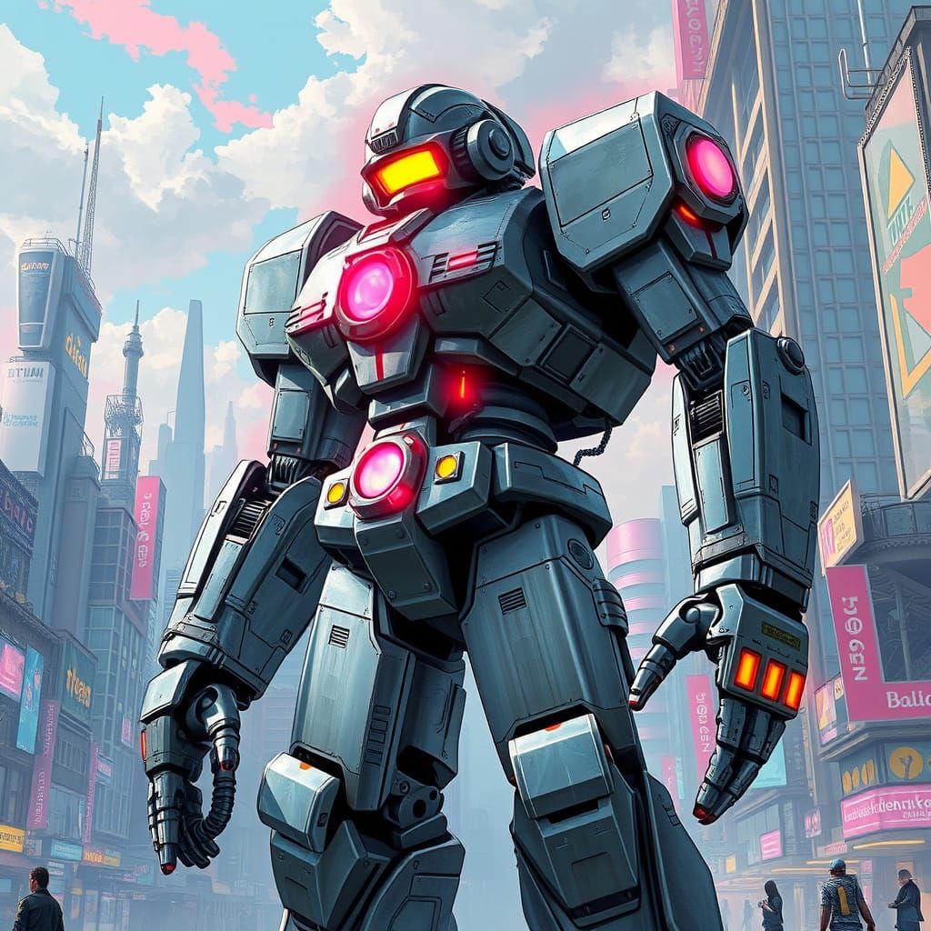 Dieselpunk Robot in Barbiecore City, Digital Art