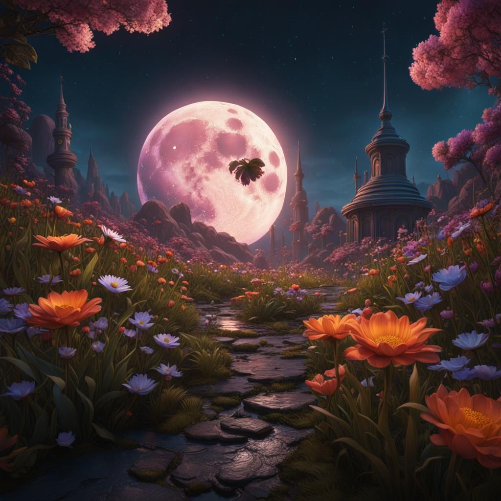 Fantastical Flower Moon Matte Painting in Deep Color