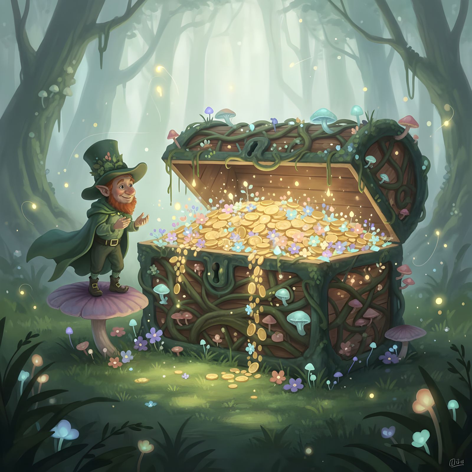 Enchanted Leprechaun Treasure Chest in Mystical Forest