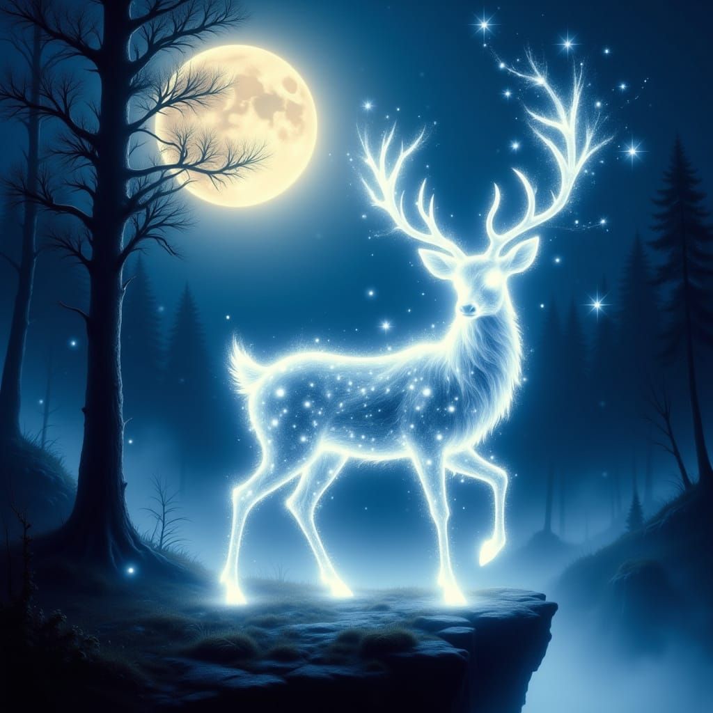 Ethereal Deer of Light in Moonlit Forest
