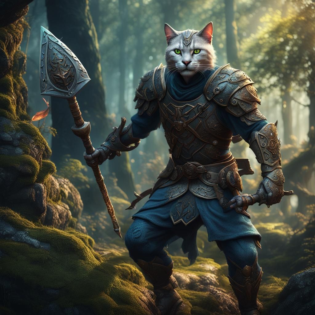 Catfolk Warrior in Detailed Matte Woodland Painting