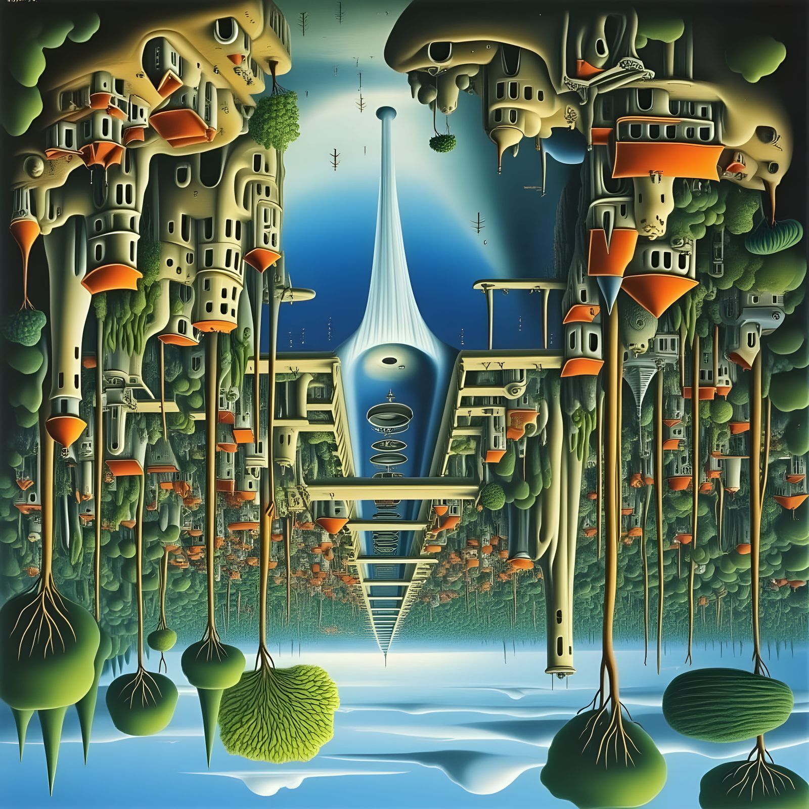 Dreamlike Fantasy Townscape with Upside-Down Buildings and S...