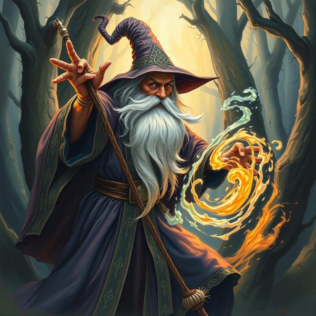 Wizard Conjuring Vortex in Mystical Forest, Painterly Style