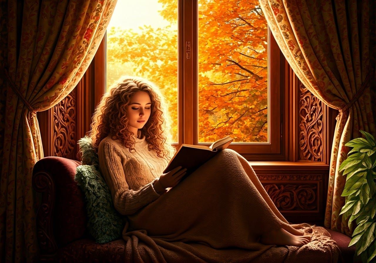 Victorian Woman Reading in Autumn Light