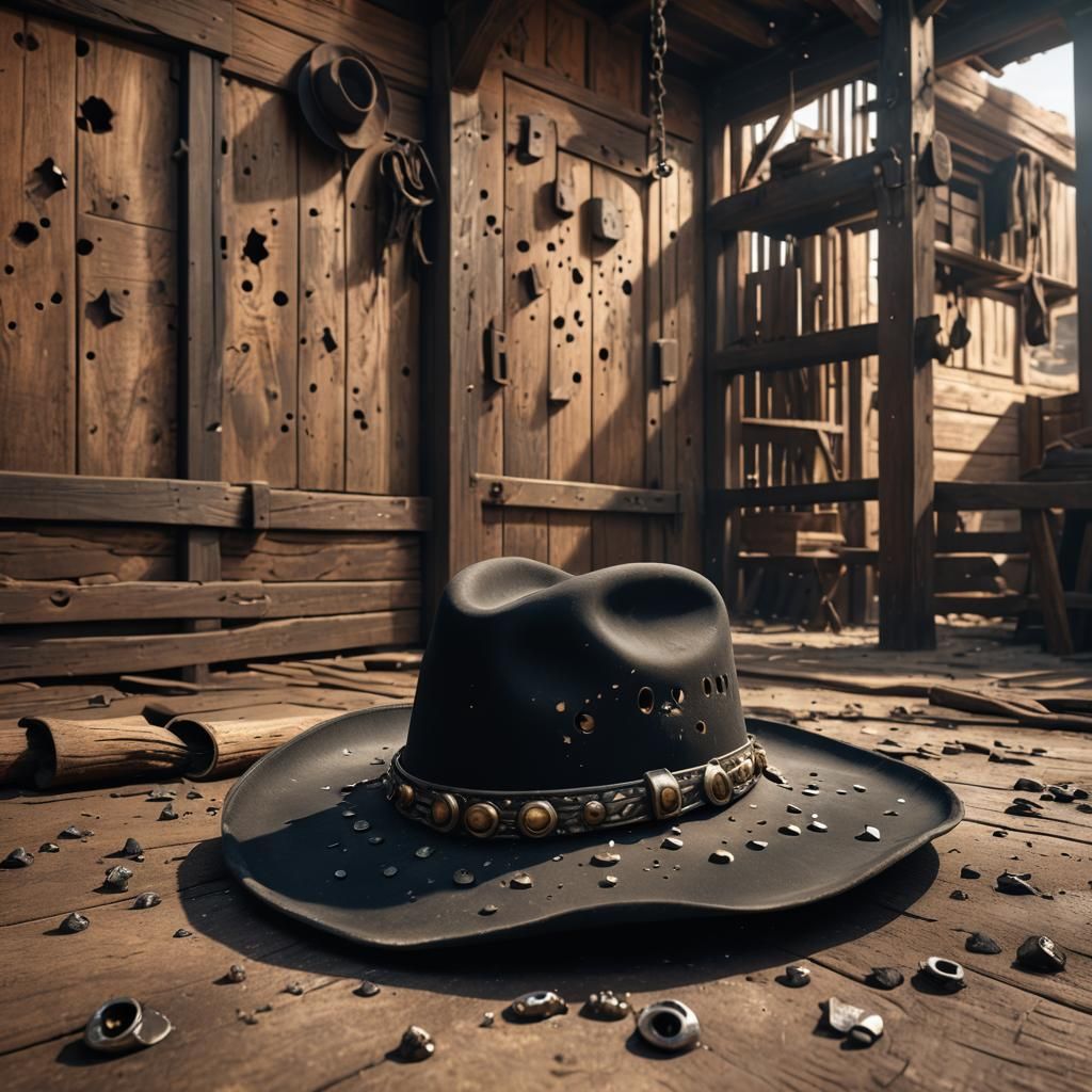 Black cowgirl hat full of bullet holes on a stable floor in ...
