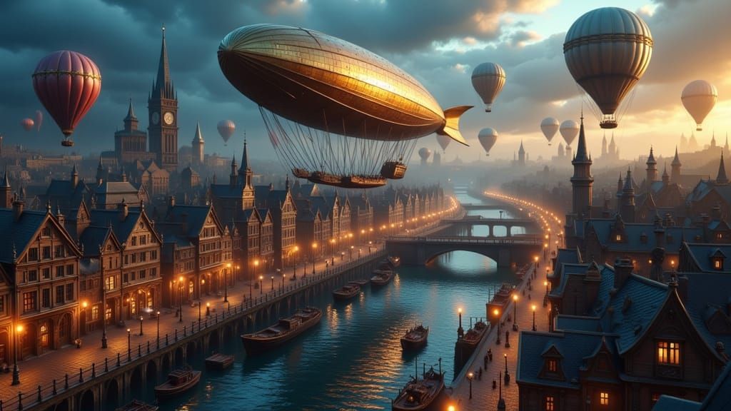 Steampunk Harbor City with Zeppelin at Dusk