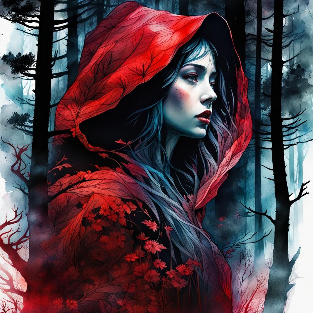 Red Riding Hood Double Exposure in Dark Forest