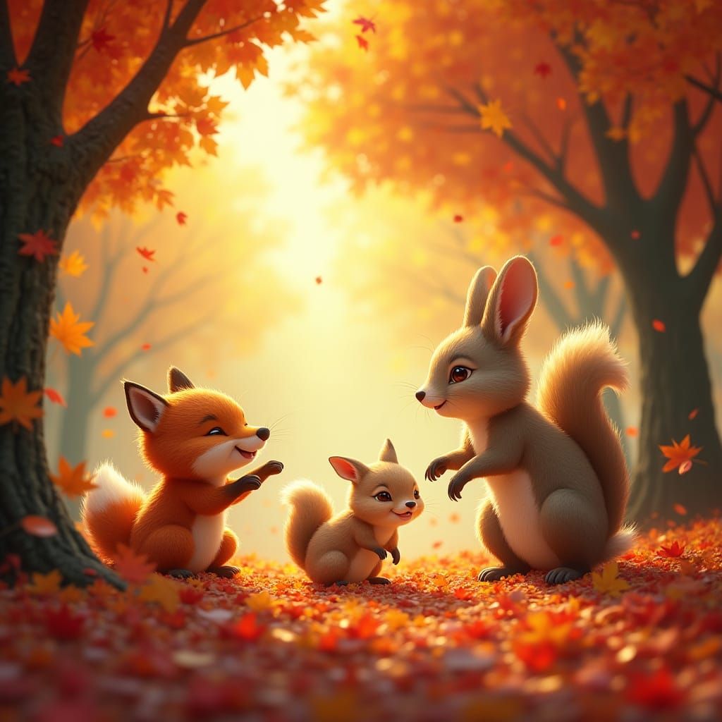 Cute Animals Play in Vibrant Autumn Leaves