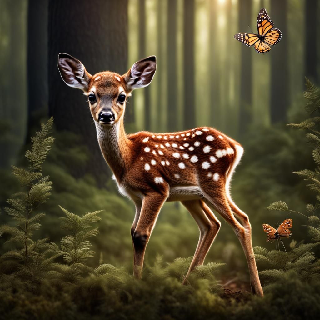 Adorable Baby Deer Fawn with Butterfly