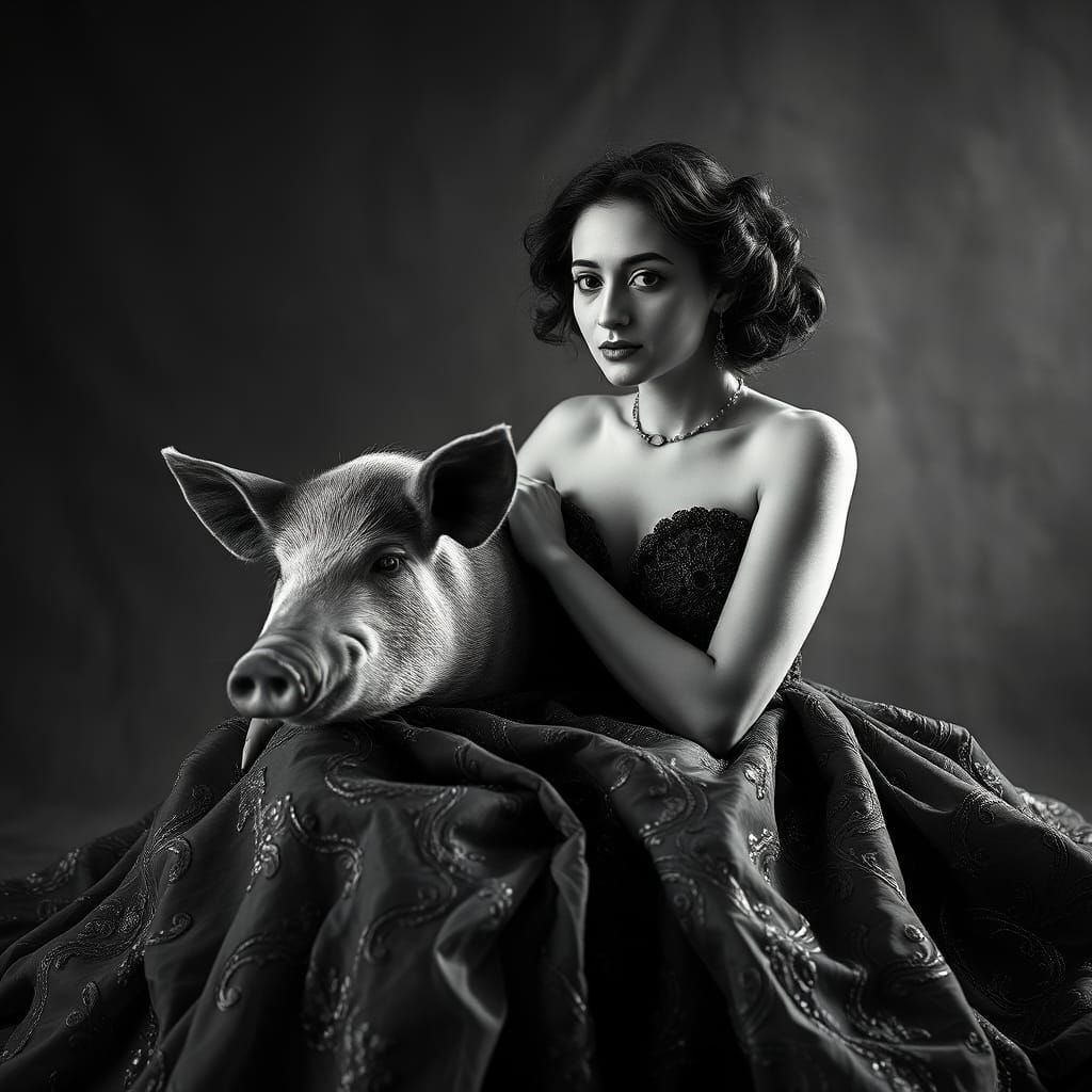 Elegant Woman and Pig in Black and White