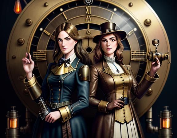 Steampunk Time Machine with Two Women in Uniforms