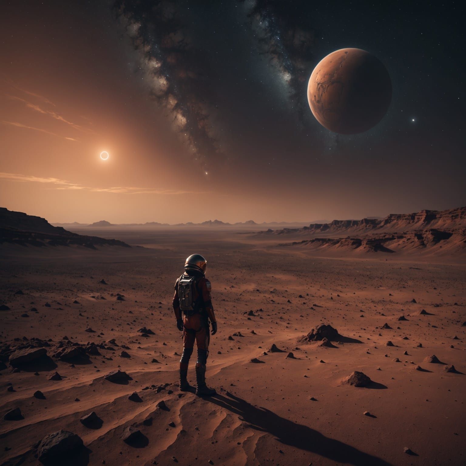 Lone Figure on Mars Under Dusty Sky