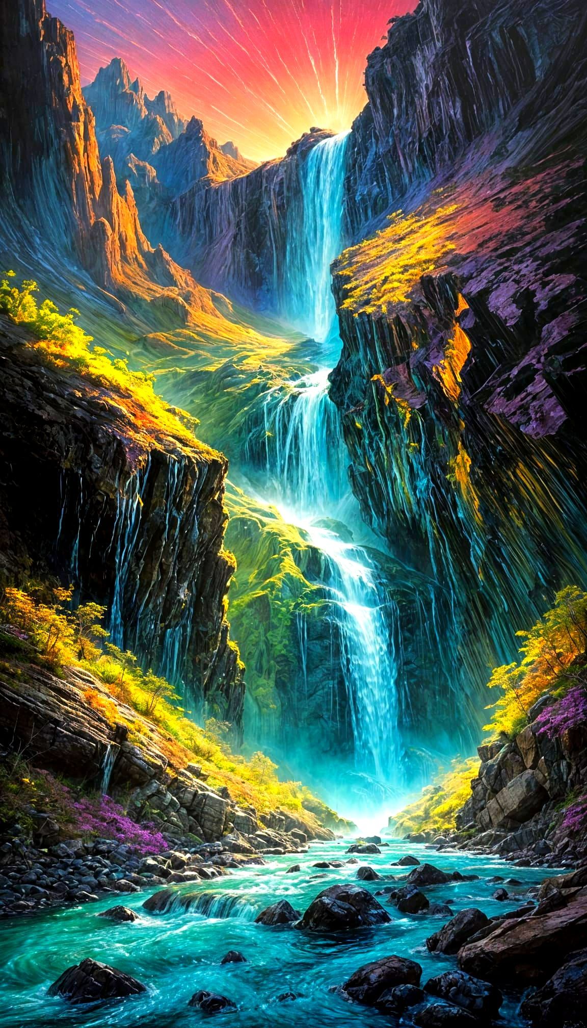Fluorescent Waterfall: Surreal Oil Painting