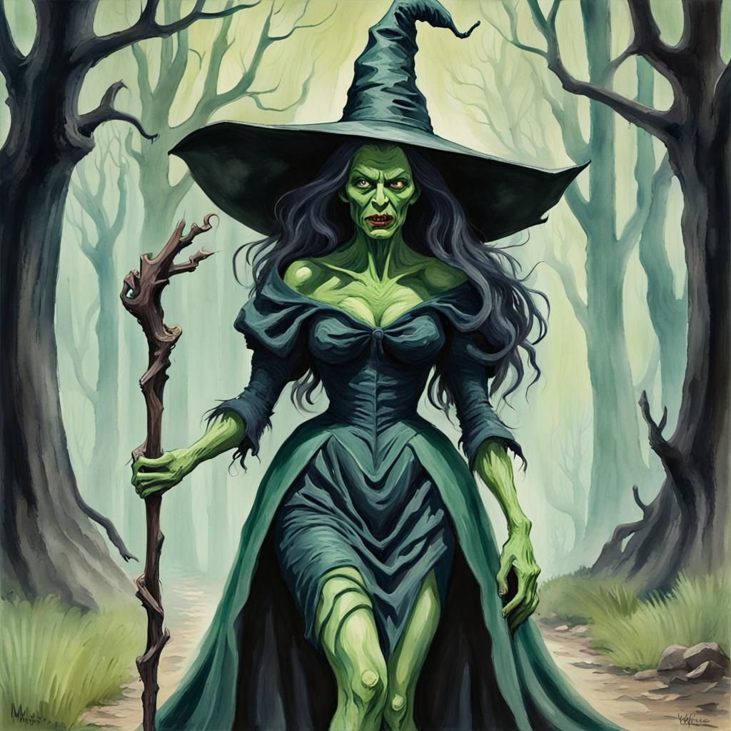 Eerie Demon Witch Portrait in Gouache Style