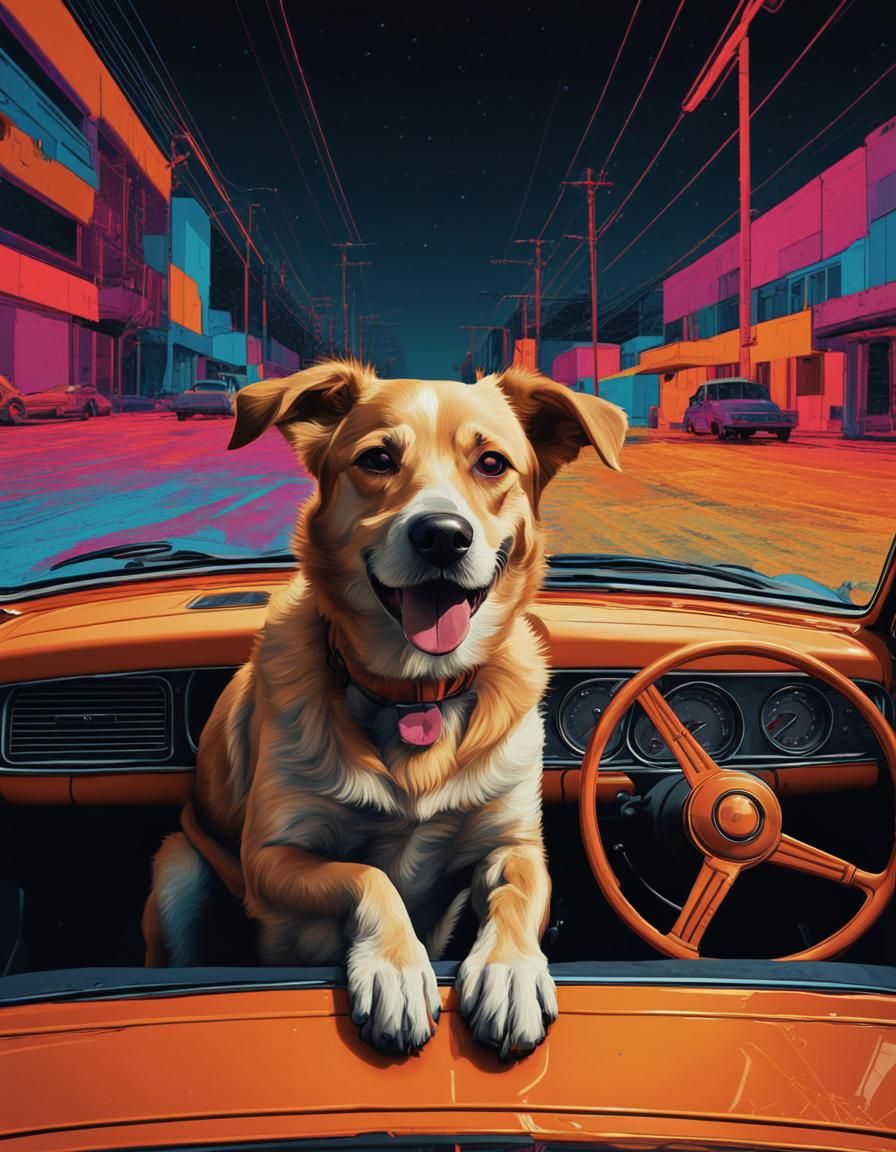 Dog's Late Night Drive: Pop Art Digital Illustration