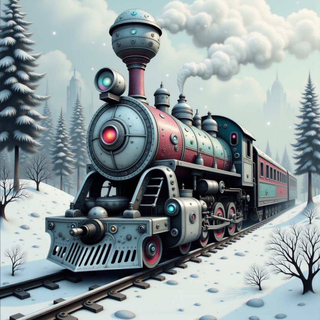 Vintage Silver Train Through Snowy Stockholm