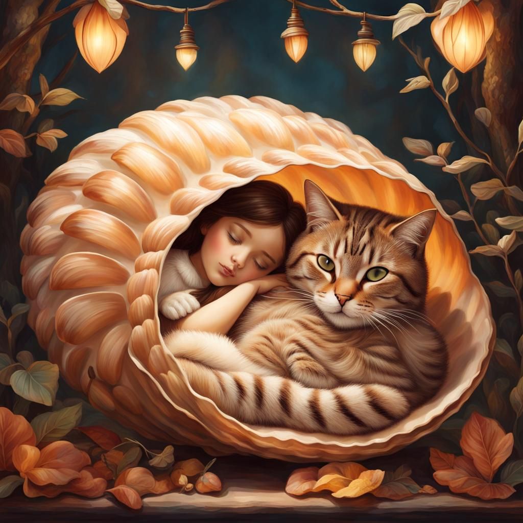 Girl and Cat Sleeping in Shell: Fantasy Art