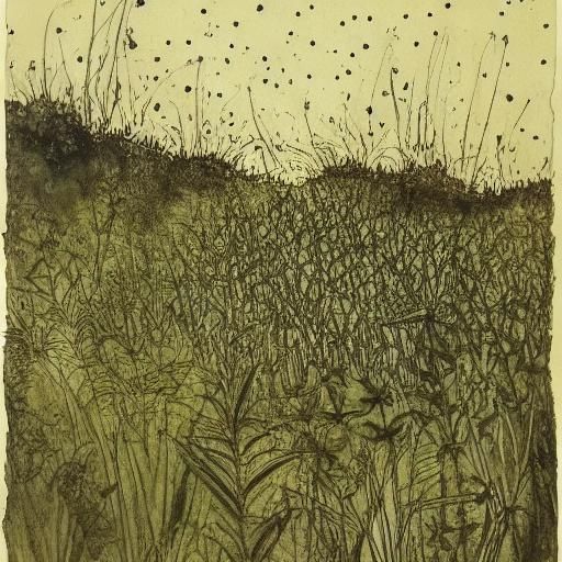 Ink+wash, watercolor, a field at night, full of grass and Pl...