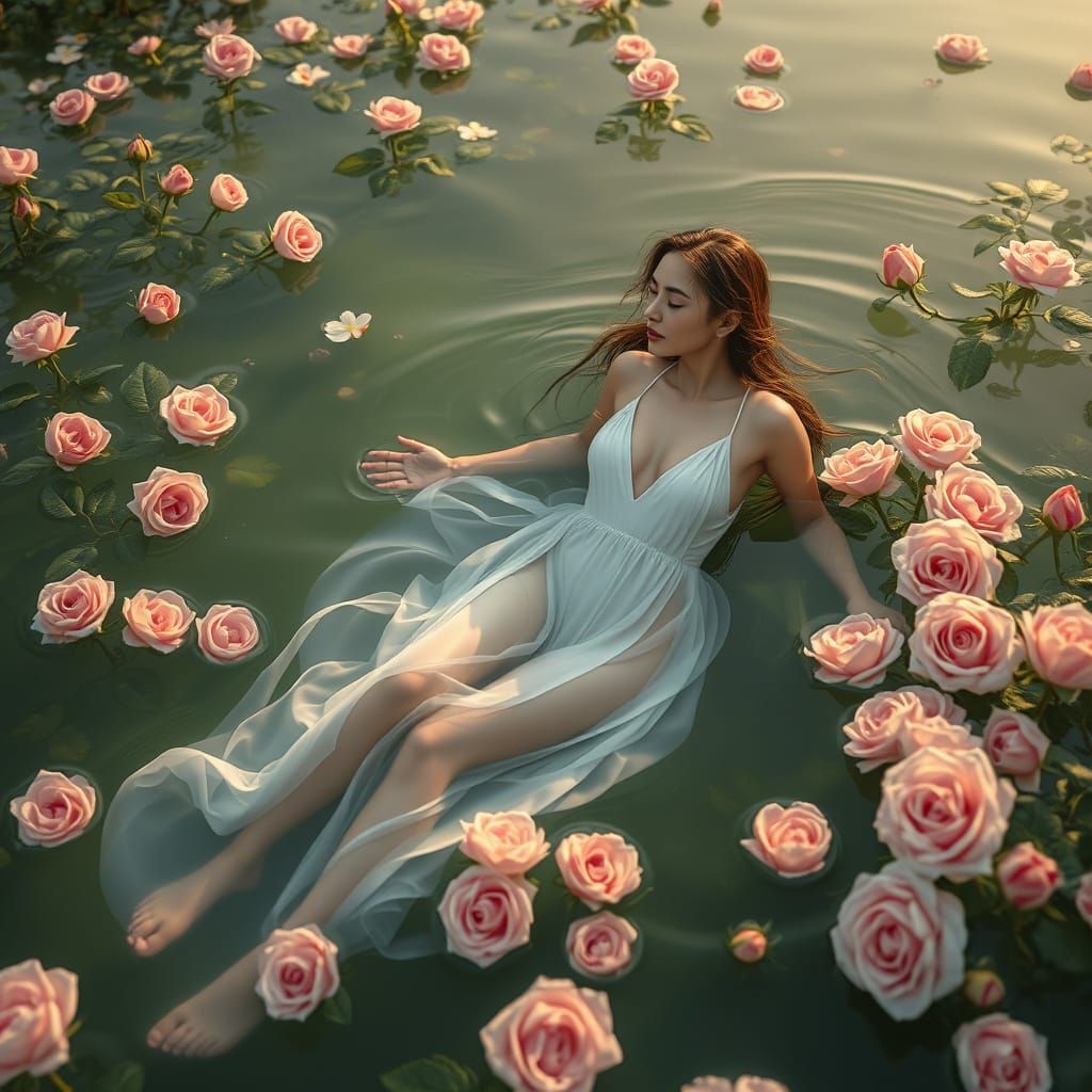 Woman Swimming in Lake of Roses: Hyperrealistic Digital Art