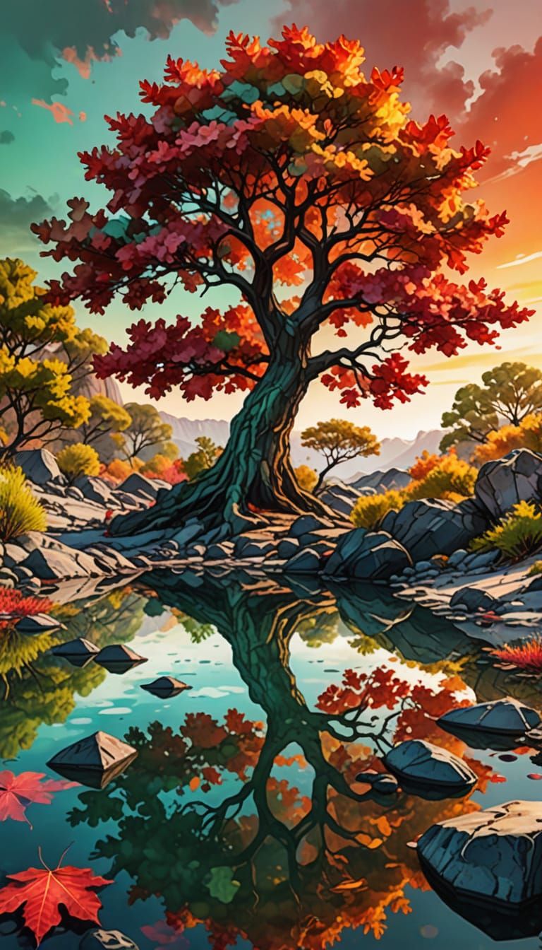Vibrant Tree in Alcohol Ink Landscape